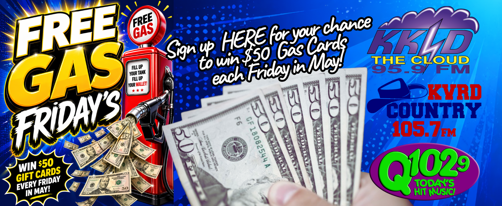sign up for your chance to win $50 gas cards each friday in may! (2)